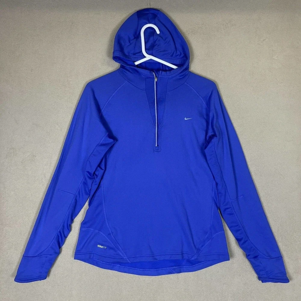 Nike Fit Womens L Hoodie Sweatshirt Blue 1/4 Zip Stretch‎